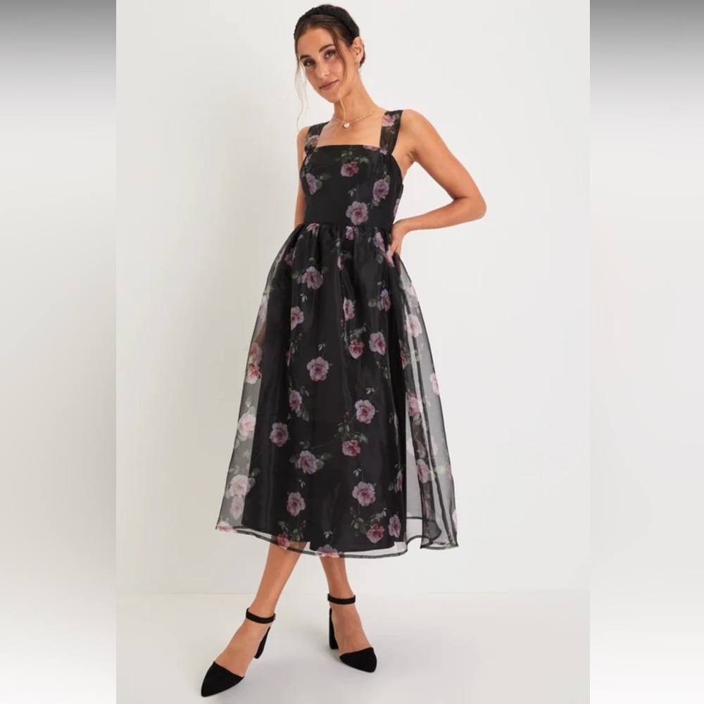 Lulu's Black Floral Midi Dress with Pink Blossoms